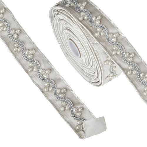 Platinum Jeweled Ivory Velvet Wired Ribbon