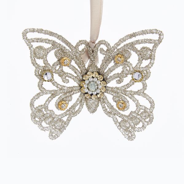  Vintage Glamour Platinum Glass Glitter Butterfly Ornament, KA-Kurt Adler - Candym, Putti Fine Furnishings