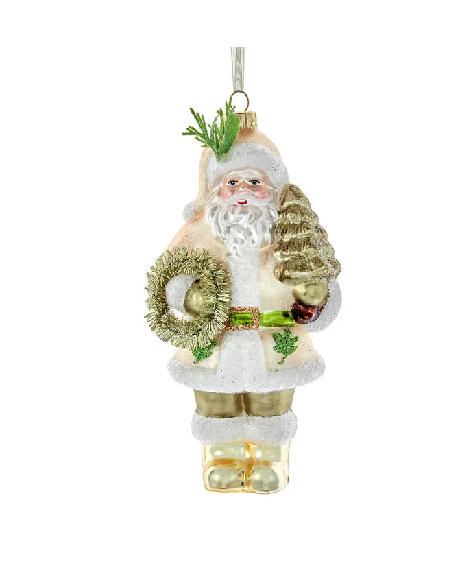 Kurt Adler Sage & Gold Santa with Wreath Glass Ornament