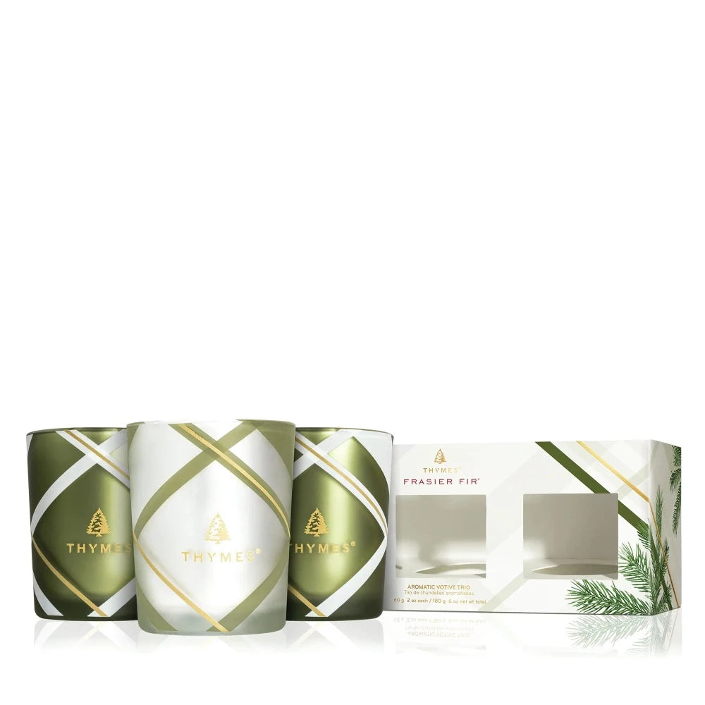 Thymes Frasier Fir Frosted Plaid Votive Trio Set