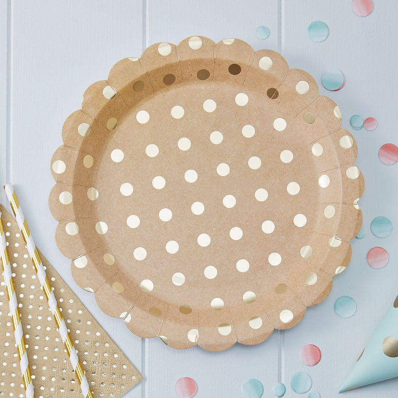  Kraft Gold Foil Dot - Paper Plates, GR-Ginger Ray UK, Putti Fine Furnishings