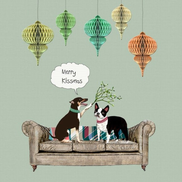 "Merry Kissmas" Dogs and Mistletoe Christmas Greeting Card